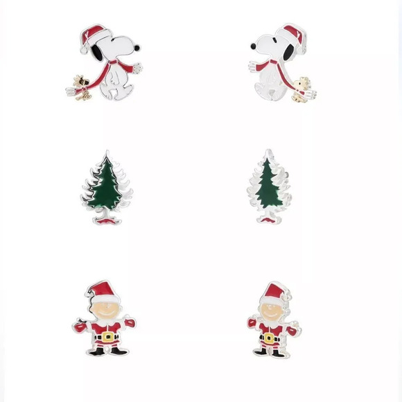 Snoopy Christmas Holiday Peanuts Trio 3 Piece Silver Plate Earrings - Picture 4 of 6